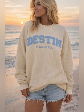Pacific & Co Destin Florida Oversized Sweatshirt Pale Yellow and Blue XL